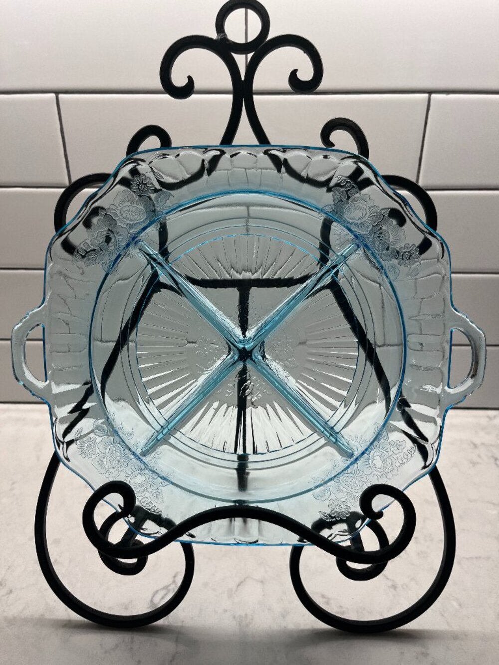 Anchor Hocking 1930’s Mayfair “Open Rose” Ice Blue 4-Part Relish Dish